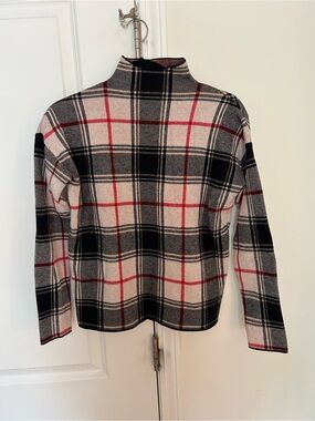 Tahari Plaid Mock Neck Sweater in Black, Cream & Red